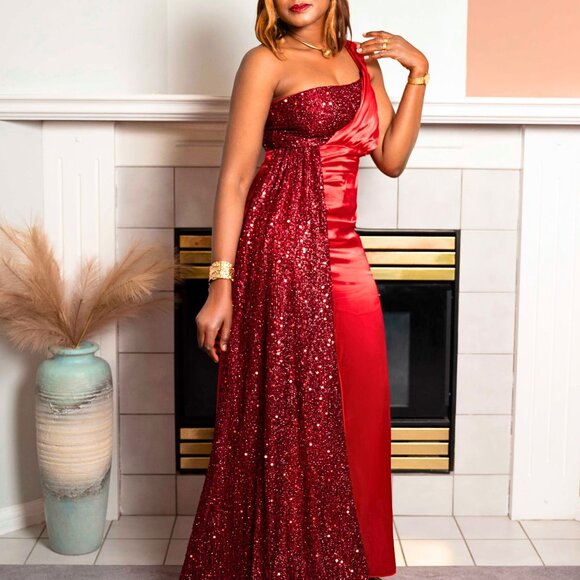 🔥 Red Sequin One-Shoulder Satin Maxi Dress | S-M-L Available 🔥 - Picture 2 of 3